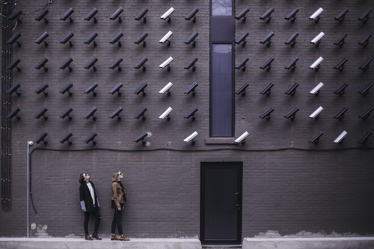 People standing in front of cameras